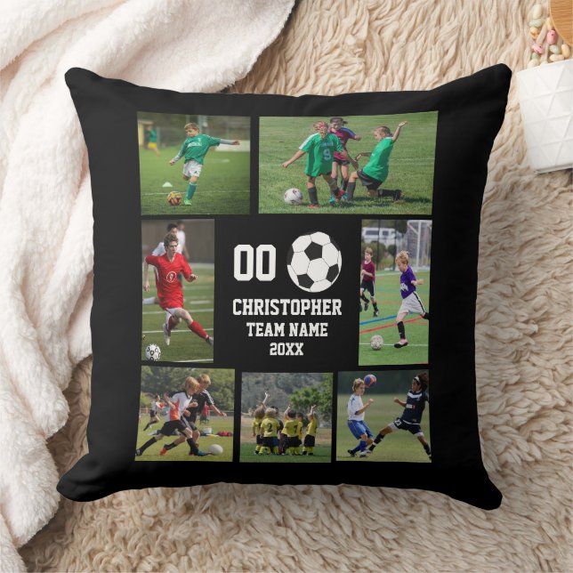 Soccer photo collage team name throw pillow (Blanket)