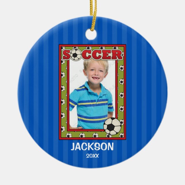 Soccer Photo Frame Kids Personalized Christmas Ceramic Ornament (Front)