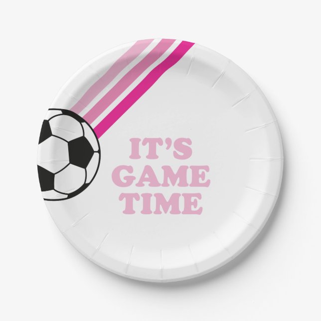 Soccer Pink Stripes Game Time Birthday Paper Plate (Front)