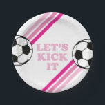 Soccer Pink Stripes Let's Kick It Birthday Paper Plate<br><div class="desc">Let's Kick It! Soccer Birthday plates with pink stripes and soccer ball.</div>