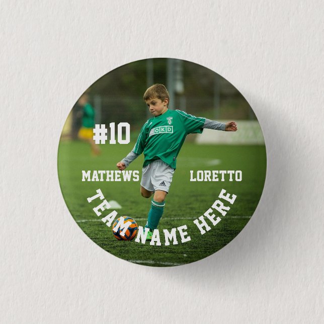 Soccer Player Add Name Number Team and Photo 1 Inch Round Button (Front)
