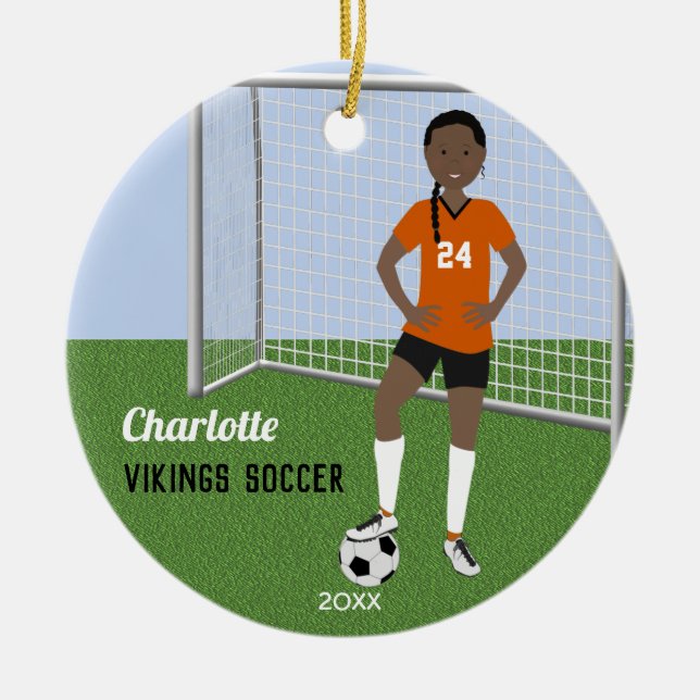 Soccer Player African American In Orange Ceramic Ornament (Front)