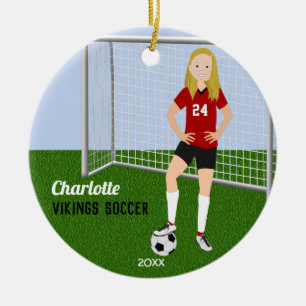Soccer Player Blond In Red Ceramic Ornament