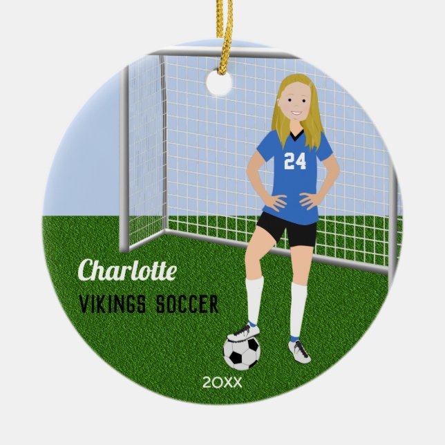 Soccer Player Blonde In Blue Ceramic Ornament (Front)