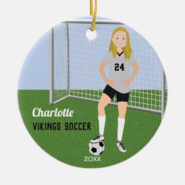 Soccer Player Blonde In Grey and Black Ceramic Ornament (Front)