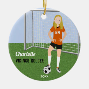 Soccer Player Blonde In Orange Ceramic Ornament