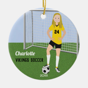 Soccer Player Blonde In Yellow and Black Ceramic Ornament