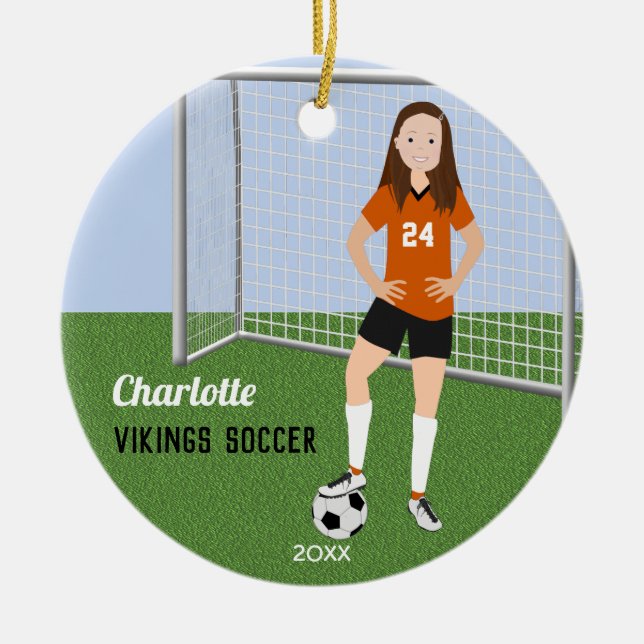 Soccer Player Brunette In Orange Ceramic Ornament (Front)