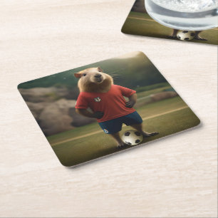 Soccer Player Capybara, Square Paper Coaster