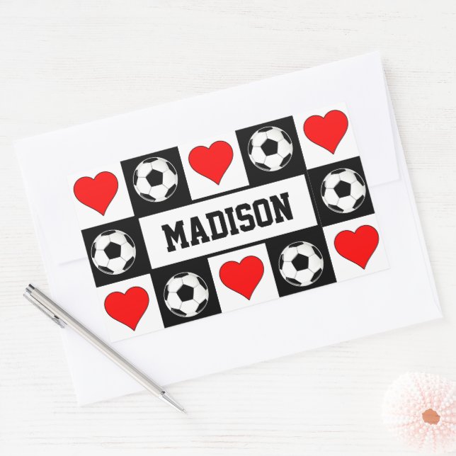 Soccer Player Custom Name Soccer Balls & Hearts Sticker (Envelope)
