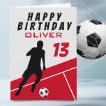 Soccer Player Football Ball Red Boy Birthday  Card<br><div class="desc">Soccer Player Football Ball Red Boy Birthday Card. A silhouette of a soccer player with a soccer ball on a soccer playfield. Add your name,  age and text inside or erase it.</div>