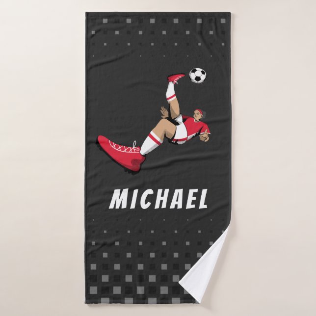 Soccer Player Kick Illustration Personalized Black Bath Towel (Bath Towel)
