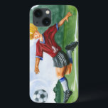 Soccer Player Kicking a Ball by Jay Throckmorton iPhone 13 Case<br><div class="desc">A soccer ball hangs in the air,  waiting for the vicious kick the player is winding up to deliver. Can he bend it like Beckham? A lovely piece to hang on your wall or give as a gift to the soccer aficionado in your life!</div>