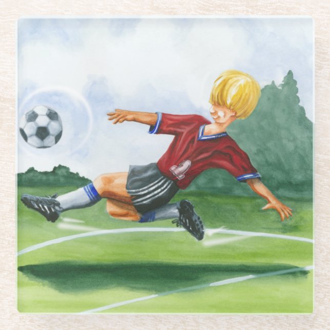 Soccer Player Kicking a Ball by Jay Throckmorton Glass Coaster (Front)