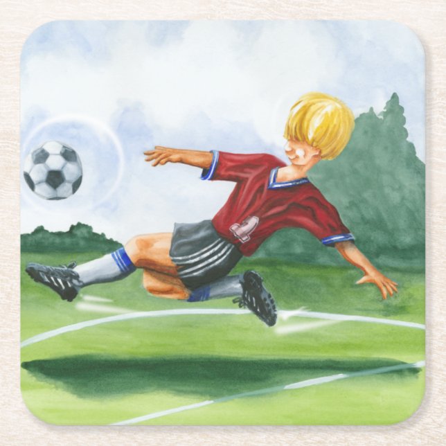Soccer Player Kicking a Ball by Jay Throckmorton Square Paper Coaster (Front)
