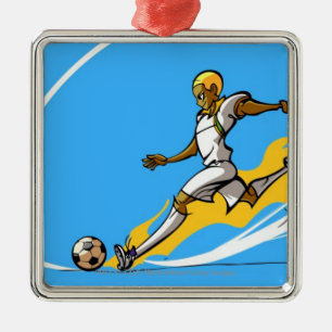 Soccer player kicking a soccer ball metal ornament