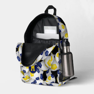 soccer player monogrammed blue gold team colours printed backpack