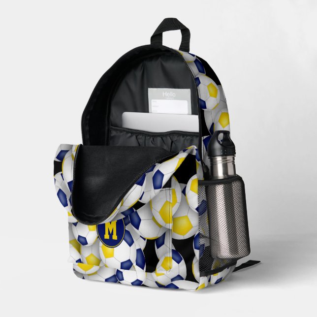 soccer player monogrammed blue gold team colours printed backpack (Back Corner Right (Open))
