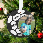 Soccer Player Name Number Photo Keepsake Ornament<br><div class="desc">This design features a soccer ball background with space for a name, number and photo. Click the customize button for more flexibility in adjusting the text! Variations of this design as well as coordinating products are available in our shop, zazzle.com/store/doodlelulu. Contact us if you need this design applied to a...</div>