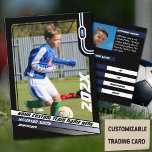 Soccer Player Trading Card in Black Blue<br><div class="desc">Introducing our Classic Soccer Trading Card – an emblem of soccer excellence, set against a backdrop of bold black with sleek blue and white stripes. On the front, customize the essentials: team name, player's full name, position, jersey number, and feature the player's image, capturing the essence of their prowess on...</div>