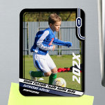 Soccer Player Trading Card in Black Blue Magnet<br><div class="desc">Celebrate your favourite soccer player with our customizable soccer player magnet. This magnet features a sleek black frame with striking blue and white design elements, making it a standout addition to any collection. In the top right corner, the player's uniform number is prominently displayed in bold white san-serif font against...</div>