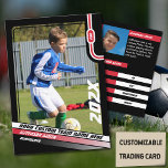Soccer Player Trading Card in Black Red<br><div class="desc">Introducing our Classic Soccer Trading Card – a symbol of soccer passion and excellence, set against a backdrop of bold black with striking red and white stripes. On the front, personalize the essentials: team name, player's full name, position, jersey number, and showcase the player's image, capturing their essence on the...</div>