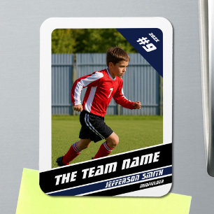 Soccer Player Trading Card in Vigourous Blue White Magnet