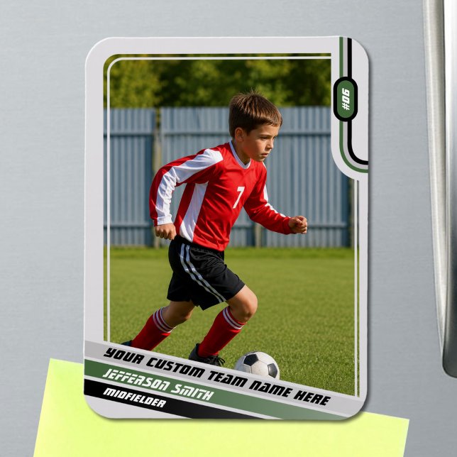 Soccer Player Trading Card Light Grey Green Magnet (Soccer Player Magnet in Light Grey with Custom Team Name and Green Black Elements)