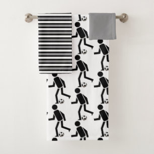 Soccer player with ball and black, grey stripes bath towel set