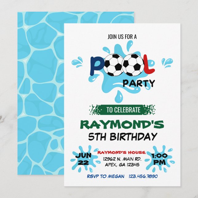 Soccer Pool Party Birthday  Invitation (Front/Back)