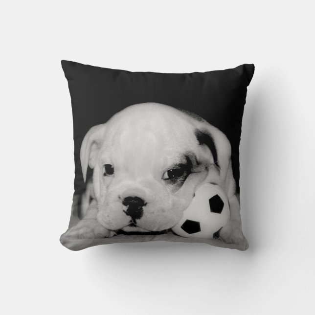 "Soccer Puppy" English Bulldog Throw Pillow (Front)