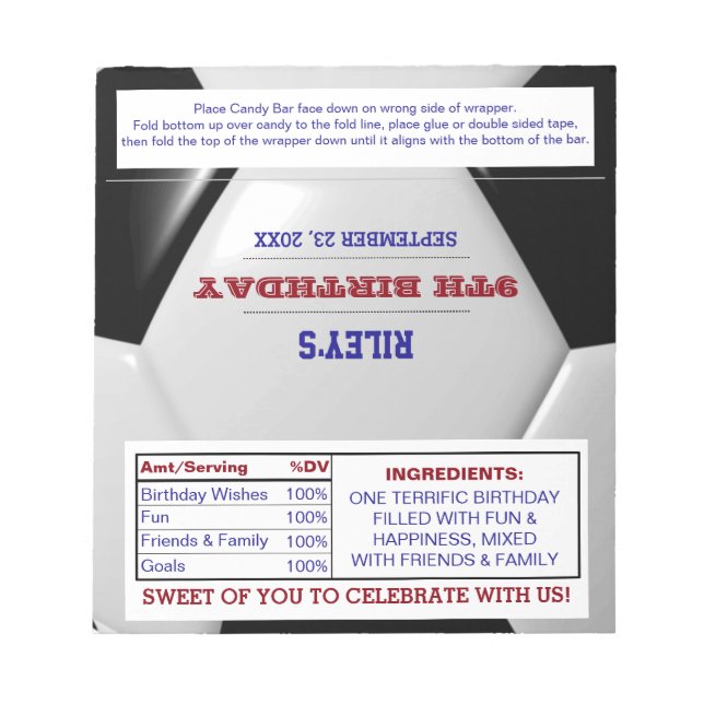 Soccer Red Blue Party Favour Candy Wrappers Notepad (Front)