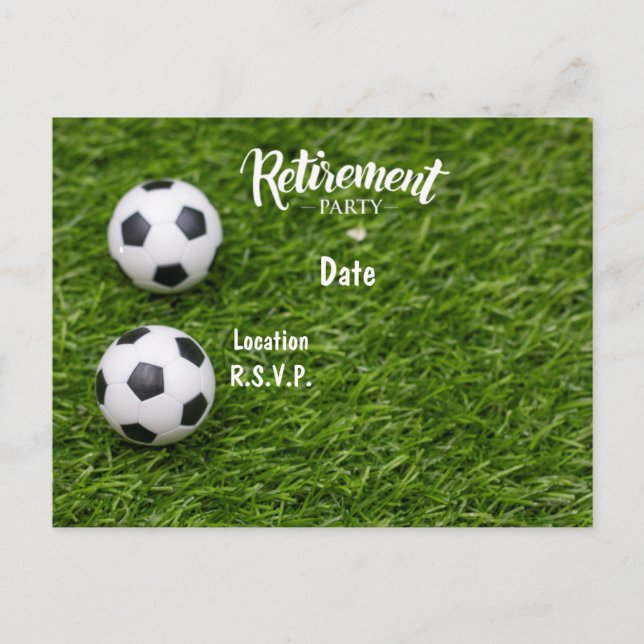 Soccer Retirement Party Invitation on green grass  Postcard (Front)