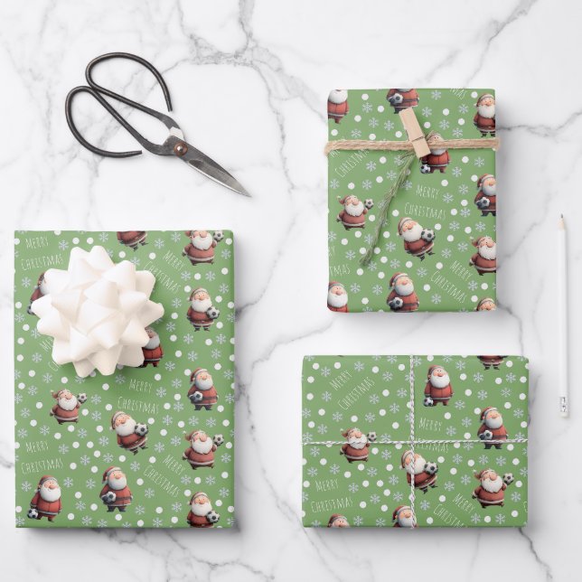 Soccer Santa on Dollar Bill Green Wrapping Paper Sheet (Front)