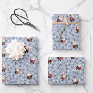 Soccer Santa on Icy Blue-Grey Wrapping Paper Sheet