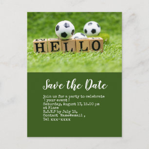 Soccer save the date  with ball on green HELLO Postcard