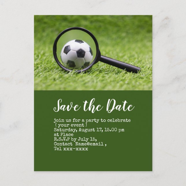 Soccer save the date  with ball on green  postcard (Front)