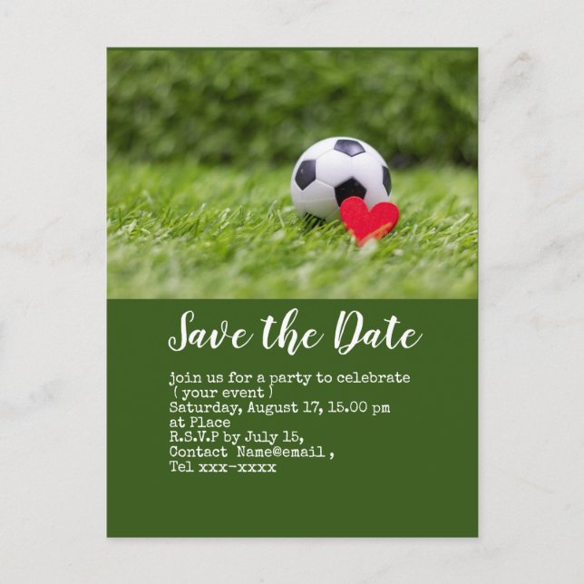Soccer save the date  with ball on green with love postcard (Front)