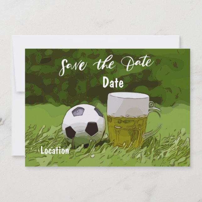 Soccer save the date with beer on green grass  invitation (Front)