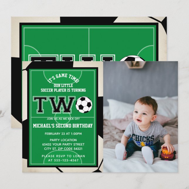 Soccer Second Birthday Photo Invitation (Front/Back)