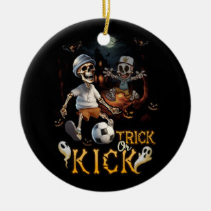 Soccer Skeleton Player Halloween Trick Or Kick Tea Ceramic Ornament