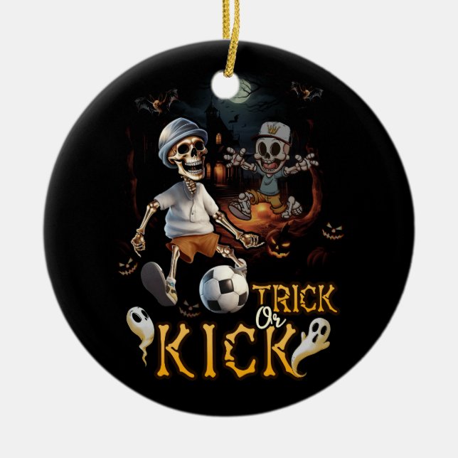 Soccer Skeleton Player Halloween Trick Or Kick Tea Ceramic Ornament (Front)