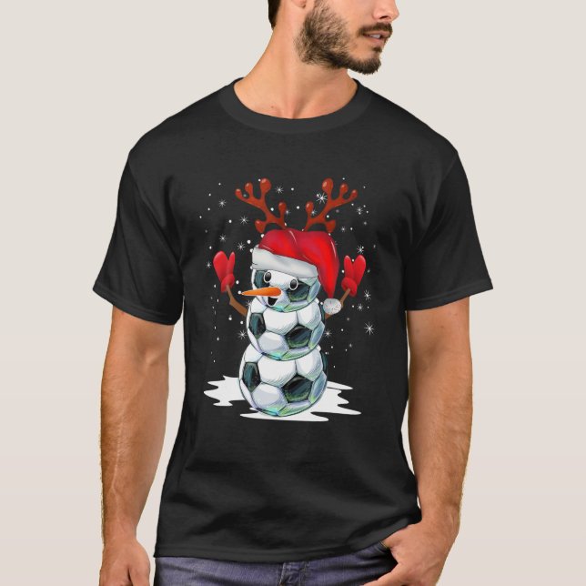 Soccer Snowman Christmas Pyjamas Santa Hat Reindee T-Shirt (Front)