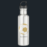 Soccer Sports Custom Name Gold Grey Water Bottle<br><div class="desc">This personalized water bottle featuring a gold soccer ball will delight the soccer (or football) lover in your life. Text is customizable. Part of a collection from Parcel Studios. *The gold foil detail is simulated. Real foil will not be used in the final product.</div>