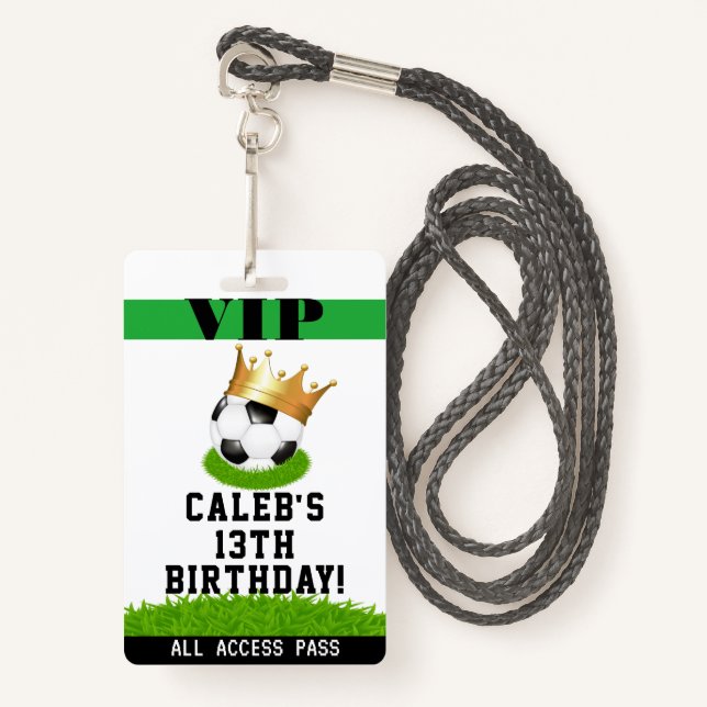 Soccer Star King Birthday Party VIP Pass Badge (Front with Lanyard)