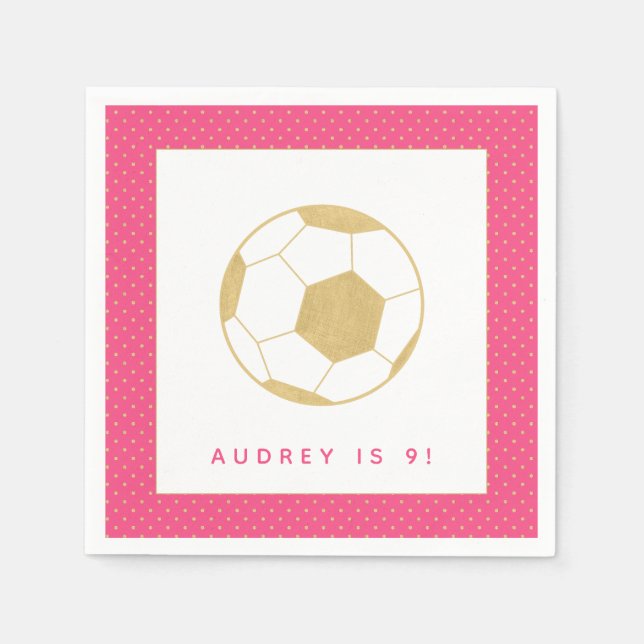 Soccer Star Pink and Gold Personalized Party Napkin (Front)