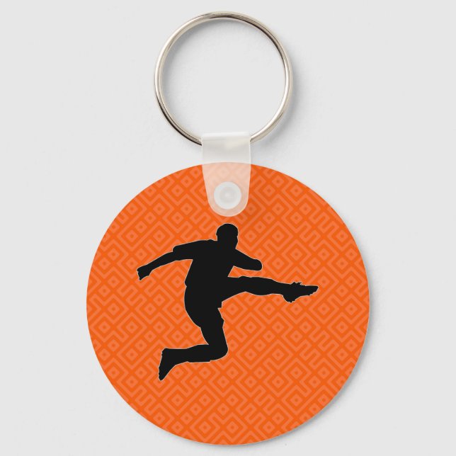 Soccer Striker Over Cool Orange Geometric Pattern Keychain (Back)