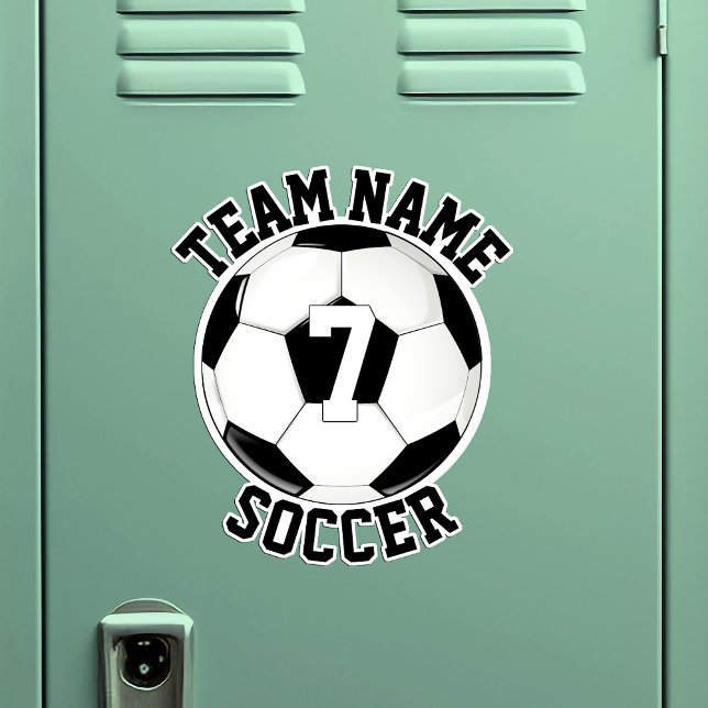 Soccer Team Name & Player Number Custom Sports (Soccer sticker with custom team name and player number on a metal locker)