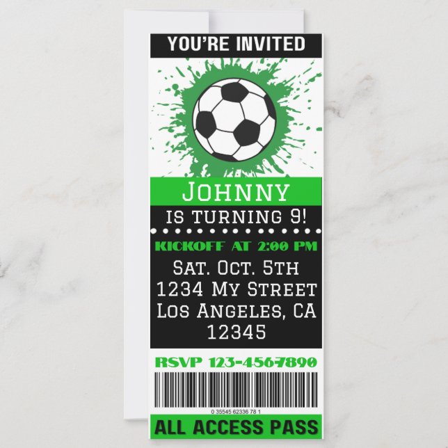 Soccer Theme Event Ticket Birthday Invitation (Front)