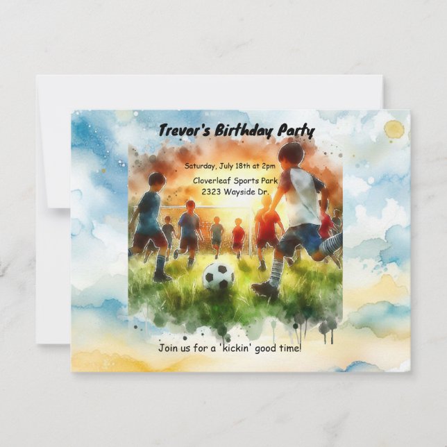 Soccer Theme Watercolor Birthday Party Invitation (Front)